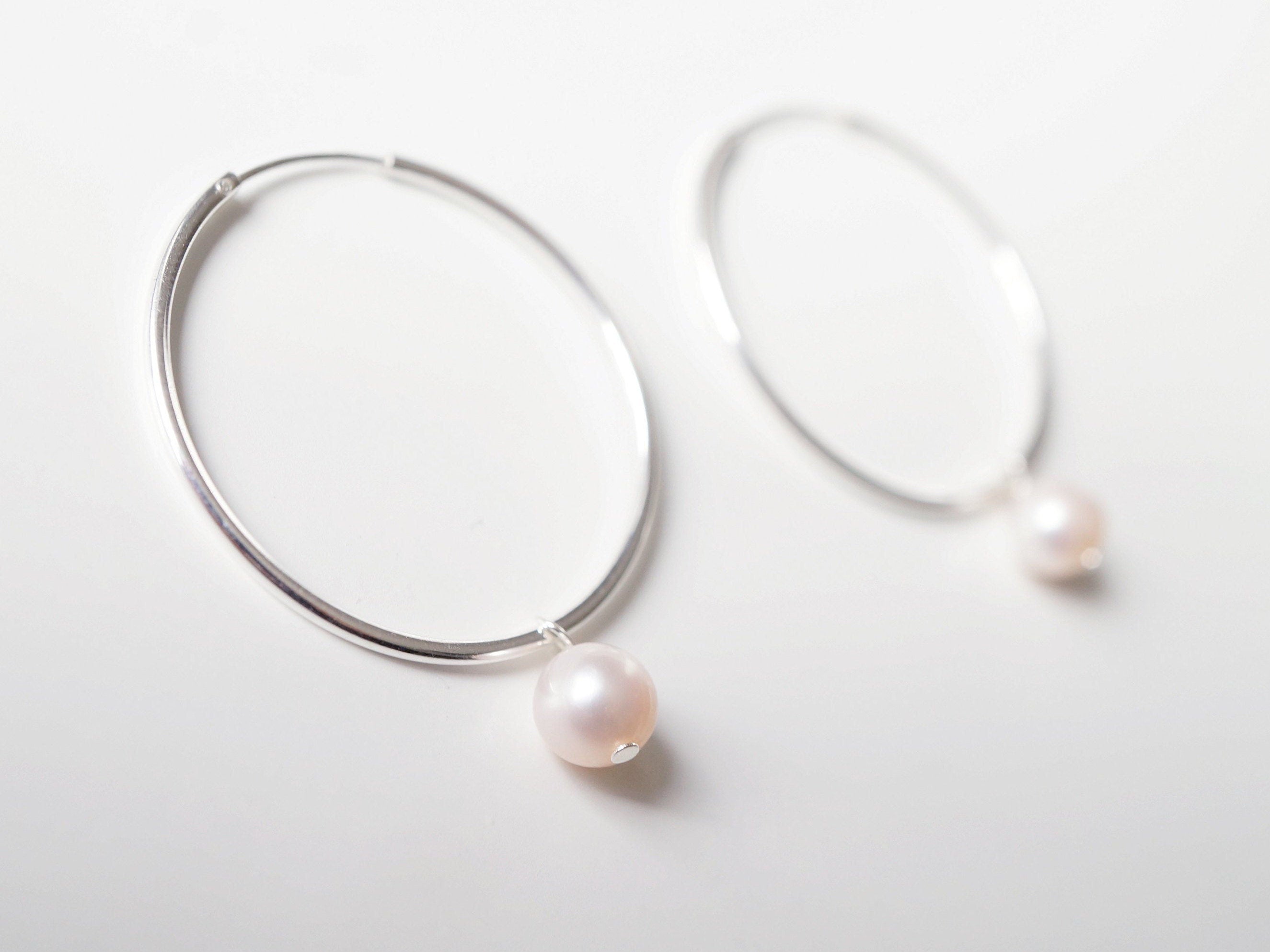 Pearl Sterling Silver Large Hoop Earrings (Lessi) // Gifts for her // Handmade earrings // Minimalist jewelry