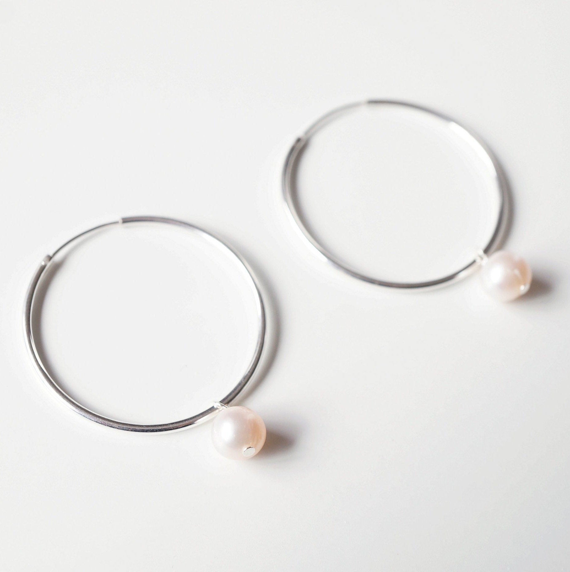 Pearl Sterling Silver Large Hoop Earrings (Lessi) // Gifts for her // Handmade earrings // Minimalist jewelry