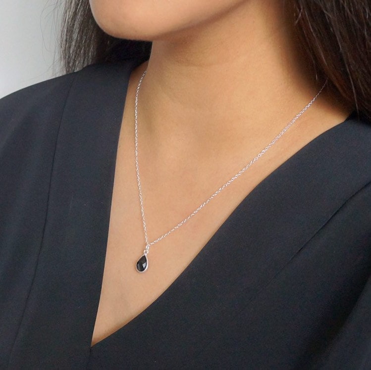 Black Spinel Gemstone Teardrop Sterling Silver Necklace (Isla) // Gift for her // Minimalist necklace //