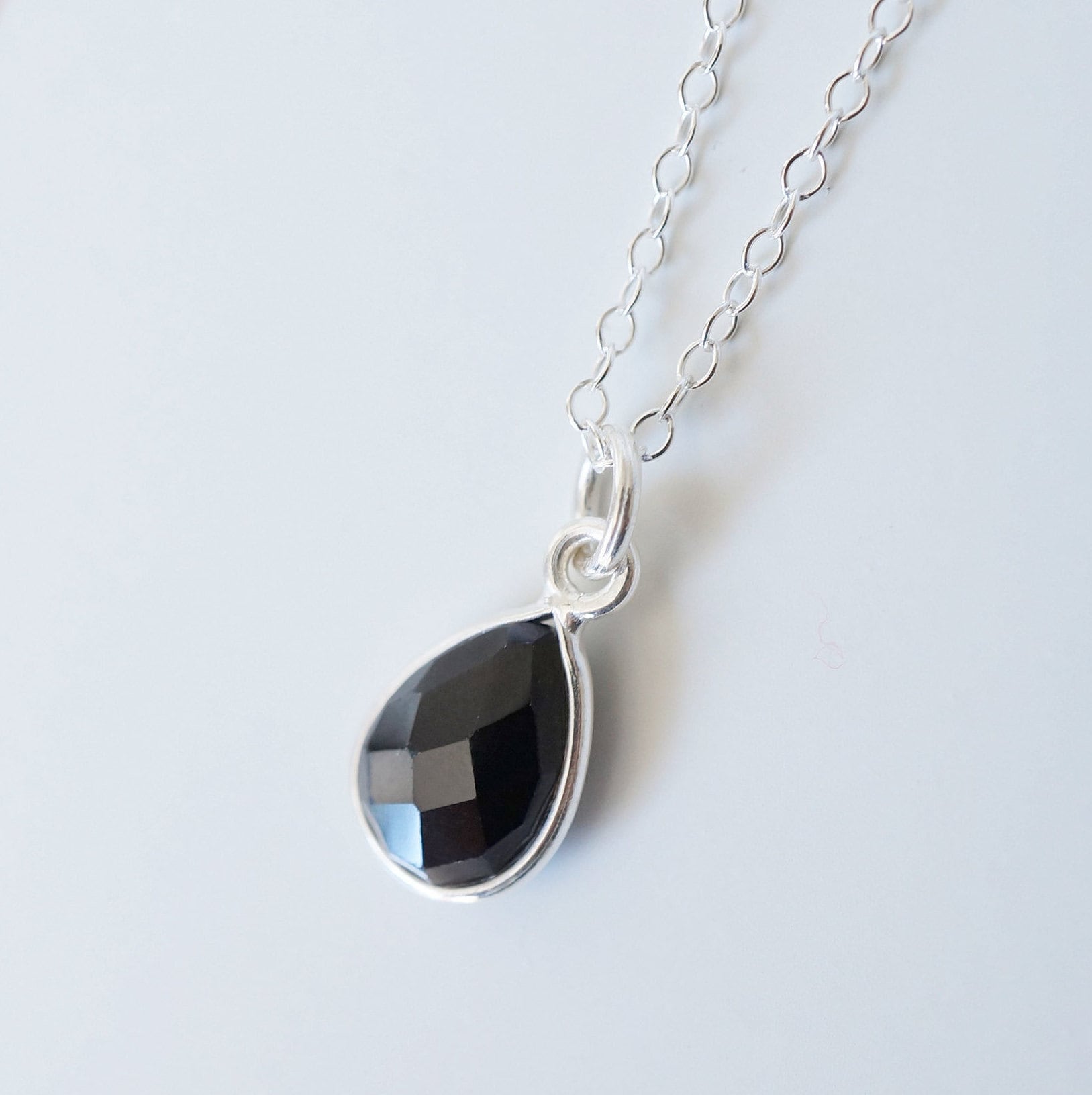 Black Spinel Gemstone Teardrop Sterling Silver Necklace (Isla) // Gift for her // Minimalist necklace //